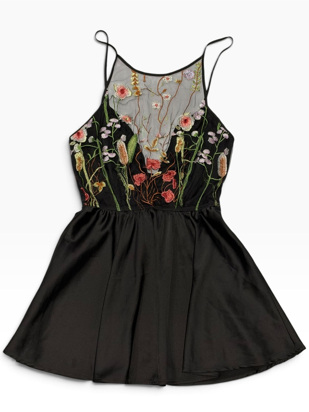 Cinema Etoile Embroidered Floral Mesh Satin Mini Dress S